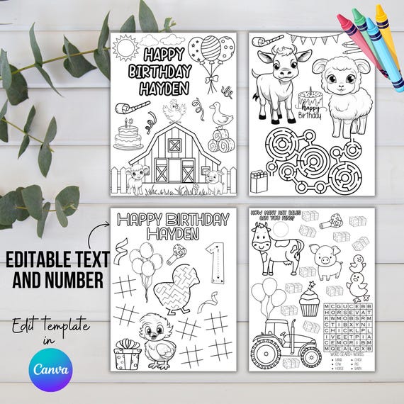Farm Birthday Party Activity, Barnyard Coloring Sheets for Kids, Printable Kids Party Game, Editable Placemat Set