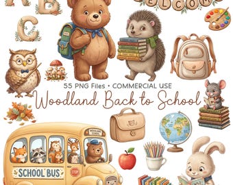 Woodland Back to School Clipart PNG, Forest Animals School Clip Art, Watercolor Classroom Animals, Commercial Use