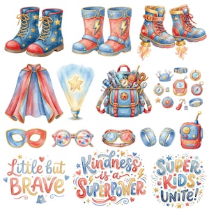 May include: Watercolor illustrations of superhero-themed items. Includes boots, a cape, a backpack filled with tools, a mask, glasses, rings, a radio, and three signs with text: "Little but Brave", "Kindness is a Superpower", and "Super Kids Unite!"