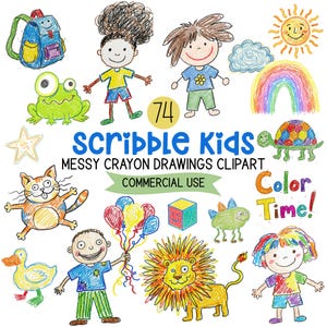 May include: A collection of colorful crayon drawings featuring children, animals, and various objects. The image includes the text "Scribble Kids" and "Messy Crayon Drawings Clipart". The drawings are in a childlike style, with bright colors and simple lines.