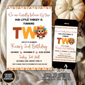 May include: A fall-themed birthday invitation with the text "We can hardly believe it's true, OUR LITTLE TURKEY IS TURNING TWO." The invitation includes details for Knox's 2nd birthday, featuring a turkey illustration and fall leaf accents. A smartphone displays the invitation.