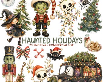 May include: A digital collection of Haunted Holidays illustrations featuring a Frankenstein-like character, a skeleton with lights, a witch, a nutcracker, a ghost driving a car with gifts, a bat, and a spider, with the text Haunted Holidays.