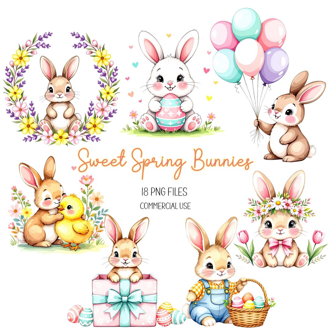 Easter Bunny Clipart Bundle, Watercolor Spring PNG, Chick Basket Floral ...