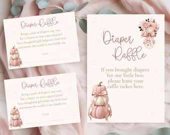 Halloween Baby Shower Diaper Raffle Sign and Tickets, Little Boo Invitation Insert, Pink Coquette Baby Game, Editable Template