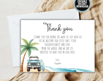Karta z podziękowaniami na baby shower z motywem surfingu | Szablon edytowalny, motyw plażowy do druku, wersja cyfrowa