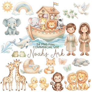 May include: Watercolor illustration of Noah's Ark with animals, including elephants, giraffes, lions, and zebras. The image also features a rainbow, sun, and the text "Noah's Ark".