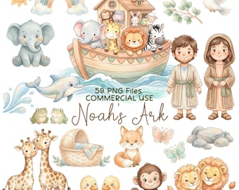 Noah’s Ark Clipart PNG, Watercolor Safari Animals, Bible Clip Art, Neutral Animal Set, Christian Theme Graphics, Commercial Use
