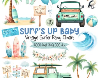 Surf Baby Clipart Bundle | Beach Jeep & Surfboard PNGs, Tropical Ocean Graphics, Digital Download