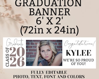 Graduation Banner Design, Editable High School or College Grad Hanging Banner Sign with Photo, 2x6ft Senior Party Decor Class of 2026