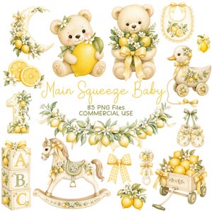May include: A digital collection of watercolour illustrations featuring teddy bears, a rocking horse, alphabet blocks, a pull-toy duck, and lemon-themed garlands with the text Main Squeeze Baby 85 PNG Files COMMERCIAL USE in yellow script.