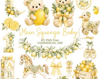 Lemon Baby Shower Clipart Bundle PNG, Main Squeeze Baby, Watercolor Teddy Bear Clip Art, Nursery Decor, Commercial Use
