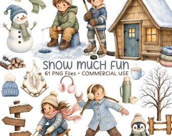 Winter Clipart Set, Kids Clip Art, Snow Day PNG, Winter Activities, Sledding Skating Skiing, Commercial Use