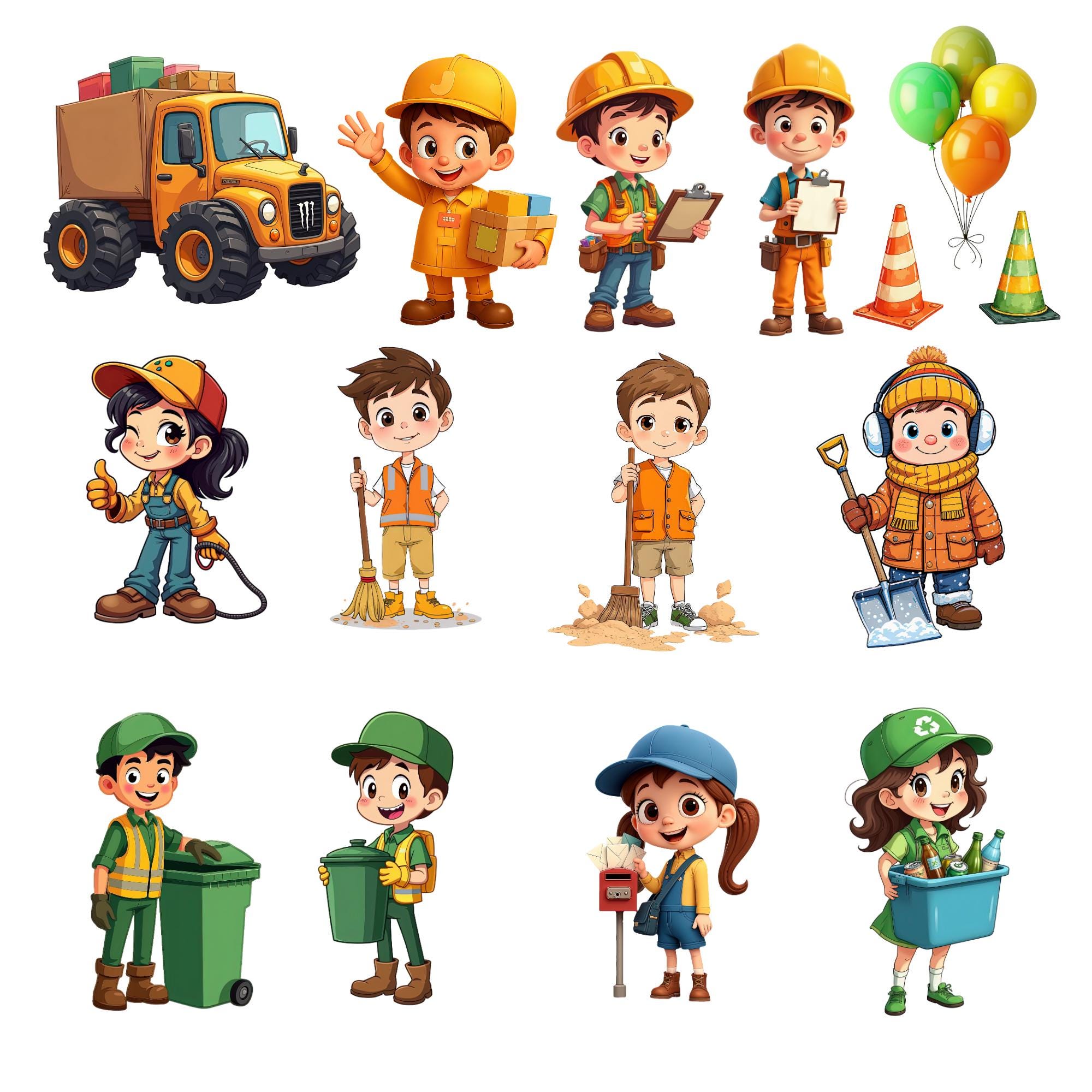 Utility Work Cartoon Service Trucks Clipart Bundle | Cartoon Utility Vehicles & Workers PNG ...