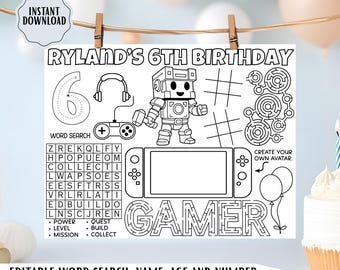 Mantel individual para colorear de cumpleaños de Block Builder Gamer: Hoja de actividades para fiesta de manualidades con píxeles, imprimible para fiesta de videojuegos infantiles (descarga digital)