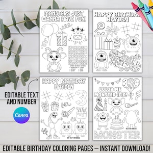 Monster Birthday Coloring Pages Printable – Kids Party Activity Sheets, Editable Birthday Coloring Book, Fun Games & Word Search