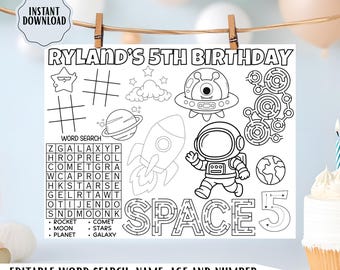 Outer Space Birthday Activity Placemat: Editable Kids Astronaut Coloring Page, Rocket Party Printable, Digital Download
