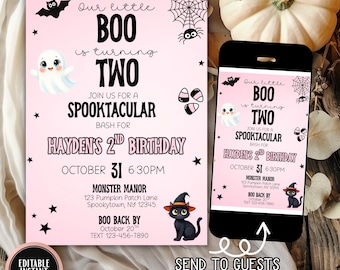 Editable Halloween 2nd Birthday Invitation, Our Little Boo Is Two, Girl Halloween Birthday Invite Template, Cute Boo Bash, Pink - Ghost