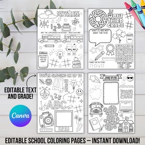 May include: A collection of black and white printable school coloring pages. Each page features different activities, including mazes, word searches, and drawing prompts. Text includes "School's Out for Summer!" and "Editable Text and Grade!"