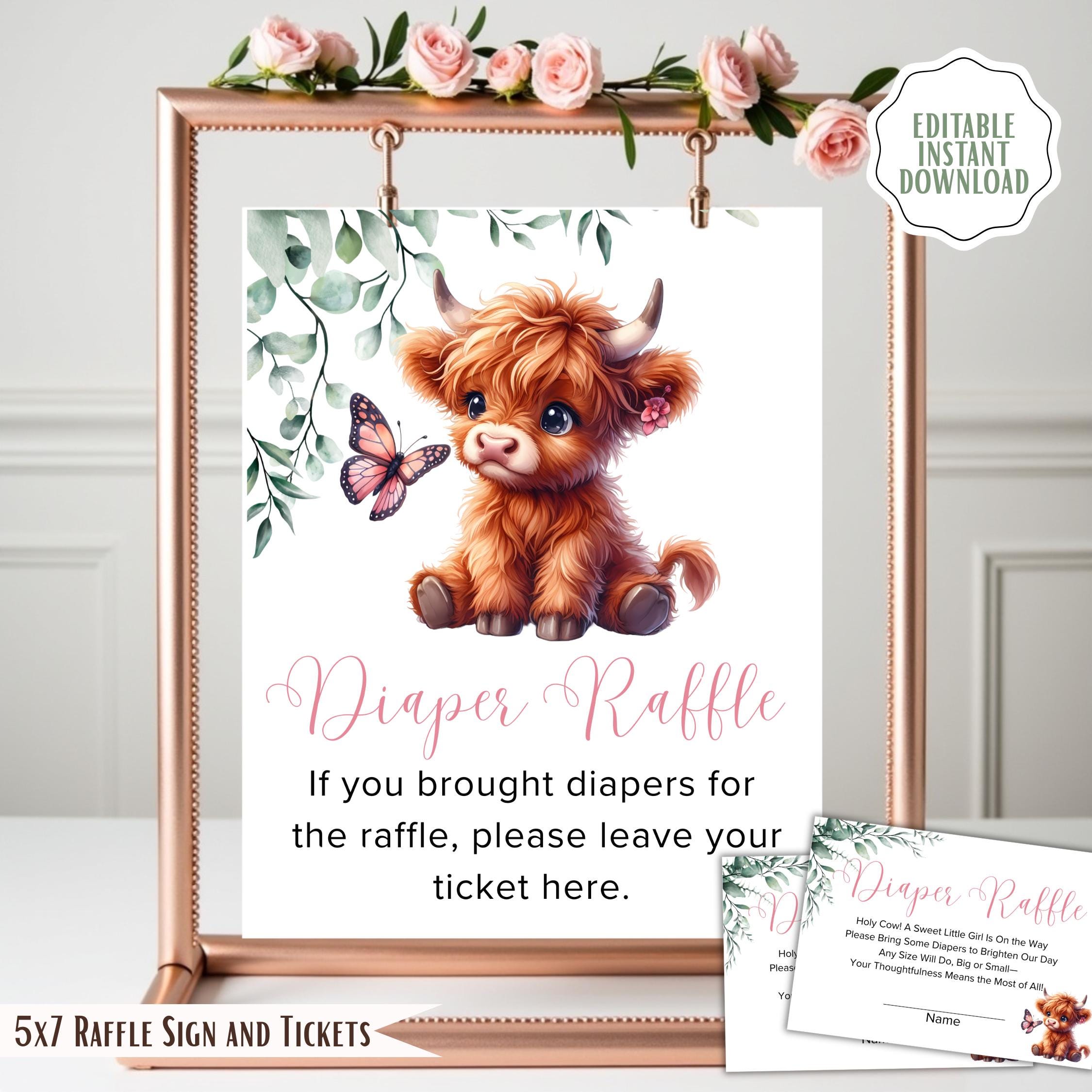 Cow Tickent R Highland Cow Diaper Raffle – Girl Baby Shower Game Sign & Tickets ...