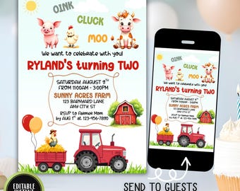 Farm Birthday Invitation with Tractor & Barn Animals, Editable Kids Party Invite Template