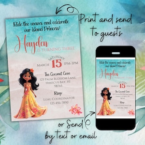 Invito di compleanno per principessa dell'isola, invito per ragazza a tema luau tropicale, tema hawaiano stampabile, modello modificabile per festa a tema principessa, download immediato