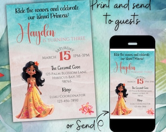 Invitación de cumpleaños de princesa isleña, invitación para luau tropical, imprimible con temática hawaiana, plantilla editable para fiesta de princesa, descarga instantánea