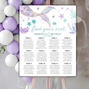 Bewerkbare zeemeermin roze paars groenblauw verjaardag zitplaatsen grafiek, zeemeermin verjaardag decor, babyshower zitplaatsen, afdrukbare sjabloon direct downloaden