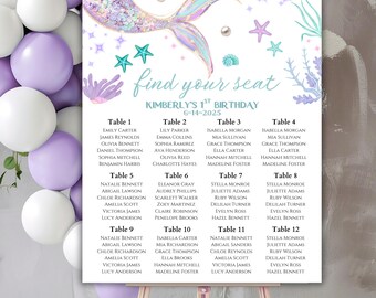 Editable Mermaid Birthday Seating Chart, Pink Purple Teal Party Decor, Baby Shower Seating, Printable Template