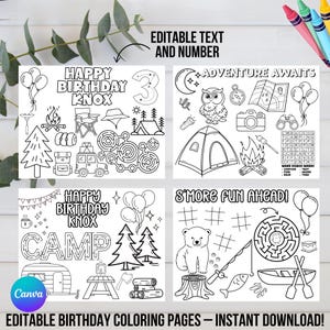 May include: Four black and white coloring pages with camping themes. The pages include the text "Happy Birthday Knox", "Adventure Awaits", and "S'more Fun Ahead!". Images include a tent, campfire, bear, and maze.