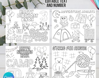 Camping Birthday Coloring Pages, Editable Kids Party Activity Sheets, Outdoor Adventure Printable