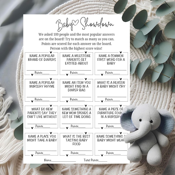 Gra „Baby Shower Showdown” – gry na baby shower do druku, edytowalna aktywność na baby shower, szablon gry imprezowej neutralnej płciowo