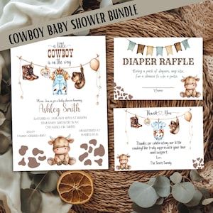 Invitation lot de baby shower cowboy, tombola de couches et carte de remerciement, ensemble de shower de bébé western petit cowboy, cg01 modifiable téléchargement immédiat