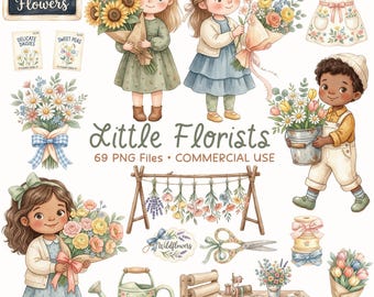 Florist Clipart Bundle PNG, Flower Shop Kids Clip Art, Bouquet Flowers Graphics, Garden Market, Commercial Use