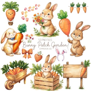 May include: Watercolor illustrations of bunnies, carrots, and flowers. A bunny holds a bouquet, another a carrot balloon, and a third pushes a wheelbarrow of carrots. The text "Bunny Patch Garden" is also visible.