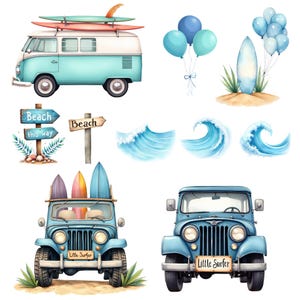 May include: Watercolor illustration featuring a teal and white van with surfboards, a blue jeep with surfboards, and a blue jeep. Also included are beach signs, balloons, waves, and a surfboard. The jeep has a sign that says "Little Surfer".