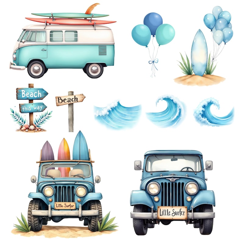 May include: Watercolor illustration featuring a teal and white van with surfboards, a blue jeep with surfboards, and a blue jeep. Also included are beach signs, balloons, waves, and a surfboard. The jeep has a sign that says "Little Surfer".