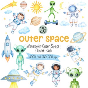 Outer Space Clipart PNG | Watercolor Astronauts, Aliens, Planets, Rockets, Stars | Kids Galaxy Clip Art | Commercial Use | Instant Download