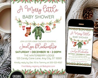May include: A baby shower invitation with the text "A Merry Little Baby Shower." The invitation features watercolor illustrations of baby clothes and holiday decorations. The invitation is also displayed on a smartphone.