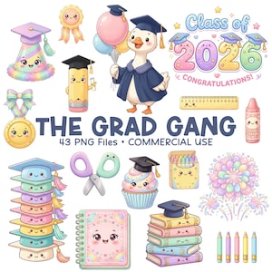 Puede incluir: Una colección de gráficos digitales con temática de graduación. Incluye un ganso de dibujos animados con toga, una pila de libros con birrete y el texto "Class of 2026 ¡Felicitaciones!" en colores pastel.