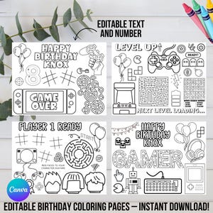 Editable Gamer Birthday Coloring Pages | Video Game Activity Sheets | Kids Party Favor Placemat | Gaming Birthday Printable Instant Download