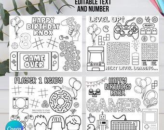 Páginas para colorear editables de cumpleaños de gamer / Hojas de actividades de videojuegos / Mantel individual para fiestas infantiles / Cumpleaños de gamer imprimibles con descarga instantánea