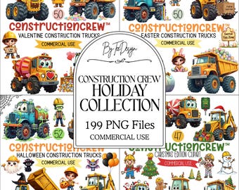 Construction Trucks Clipart Bundle, Holiday Vehicles PNG Collection, Christmas Halloween Easter Valentine Graphics, Commercial Use