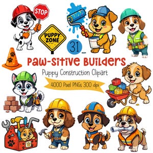 Puede incluir: Ilustración colorida de cachorros de dibujos animados con atuendos de trabajadores de la construcción. La imagen incluye cachorros con cascos, sosteniendo herramientas y letreros. El texto incluye "Paw-sitive Builders" y "Puppy Construction Clipart".