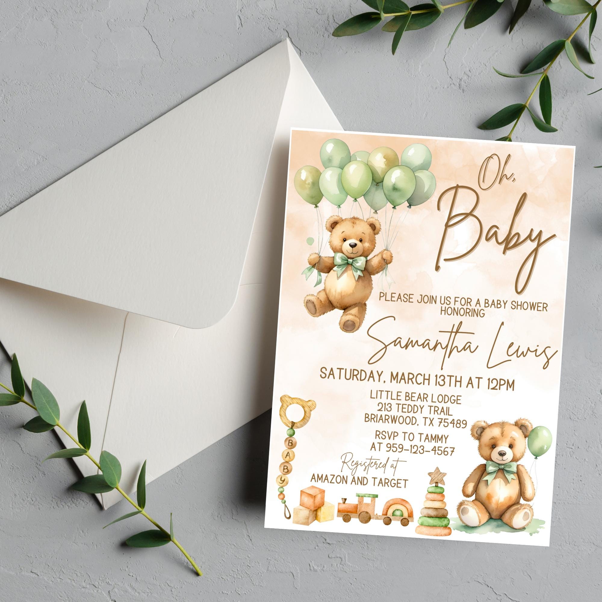 Gender Neutral Teddy Bear Baby Shower Invitation | We Can Bearly Wait ...
