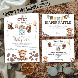 May include: A cowboy-themed baby shower bundle featuring invitations, a diaper raffle card, and thank you cards. The cards display watercolor illustrations of cowboy boots, a onesie, and a calf. The text reads "Cowboy Baby Shower Bundle".