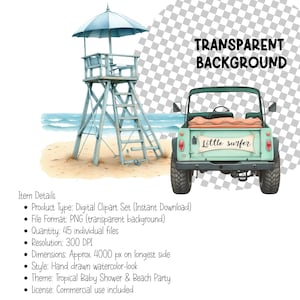 May include: Watercolor illustration of a lifeguard tower and a vintage teal pickup truck on a sandy beach. The truck has the words "Little surfer" on the back. The background shows the ocean and sky.