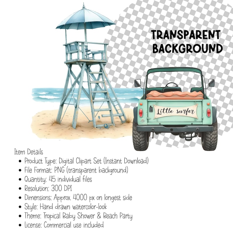 May include: Watercolor illustration of a lifeguard tower and a vintage teal pickup truck on a sandy beach. The truck has the words "Little surfer" on the back. The background shows the ocean and sky.