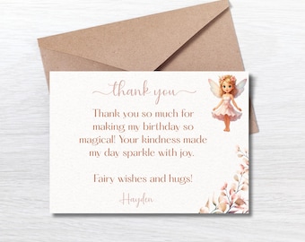 Editable Fairy Birthday Thank You Card, Light Fairy Girl Printable, Pink Party Favor Note, Magical Woodland Fairy Thank You Instant Download