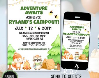 Camping Birthday Invitation, Campout Party Invite, Woodland Adventure Birthday, Editable Kids Invitation