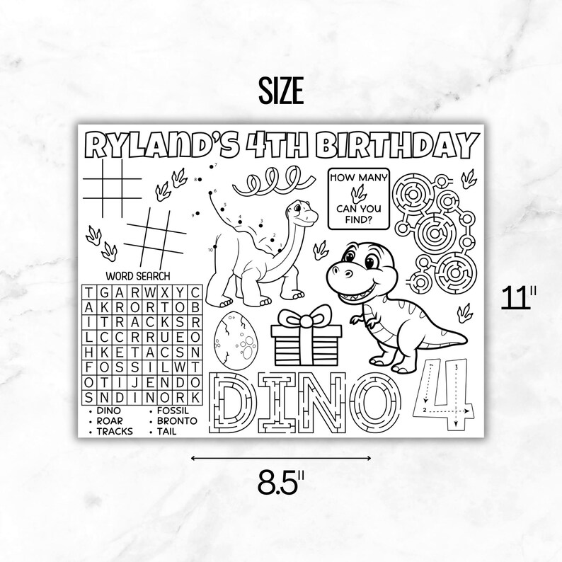 Dinosaur Birthday Placemat Printable – Dino Party Activity Mat for Kids ...